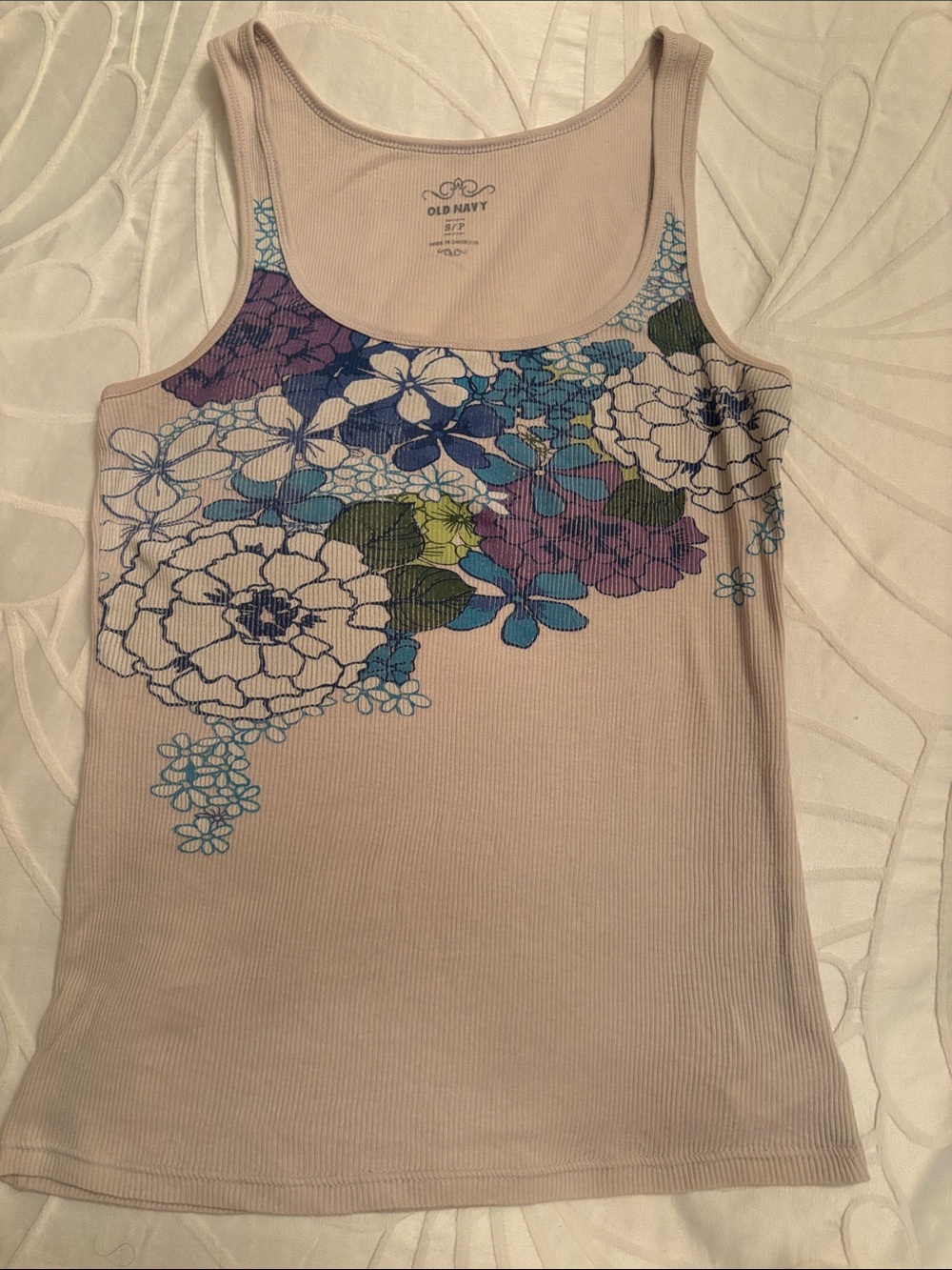 Old Navy Beige Tank Top with Blue, Purple & Green Floral Print